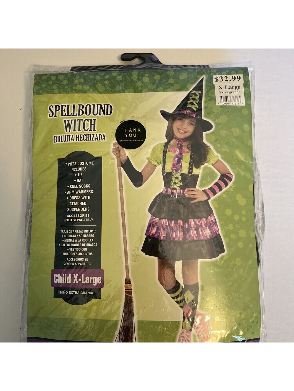 Spellbound Witch Halloween Costume Child XL 12-14, 7 PCs:  Dress, Hat, Socks, ..